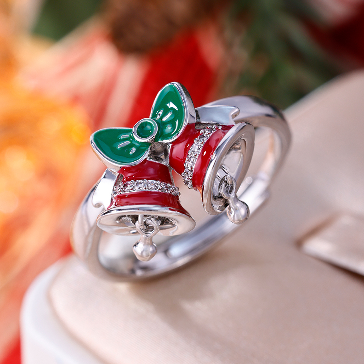 Women's Christmas-Themed Bell Ring, Copper Open Ring